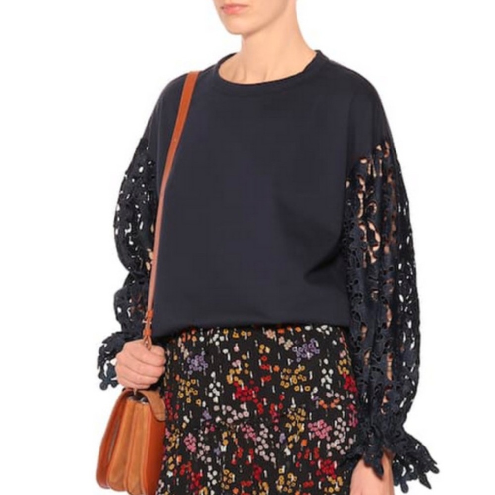 See By Chloe Lace Sleeve Cotton Jumper Sweater in Navy, size Small